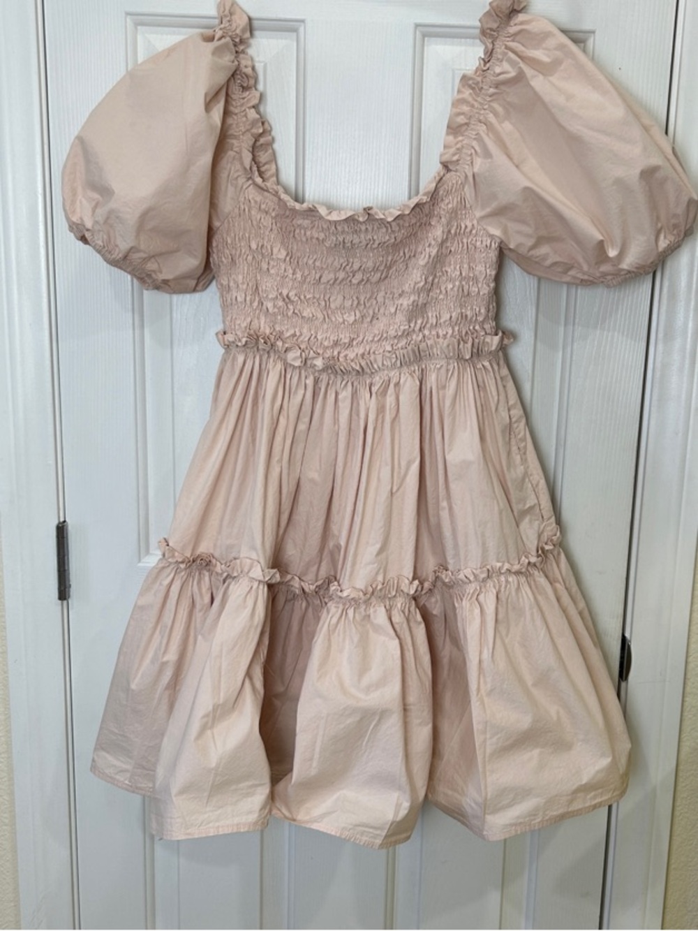 MABLE Blush Pink Smocked Puff Sleeve Tiered Babydoll Mini Dress Size M